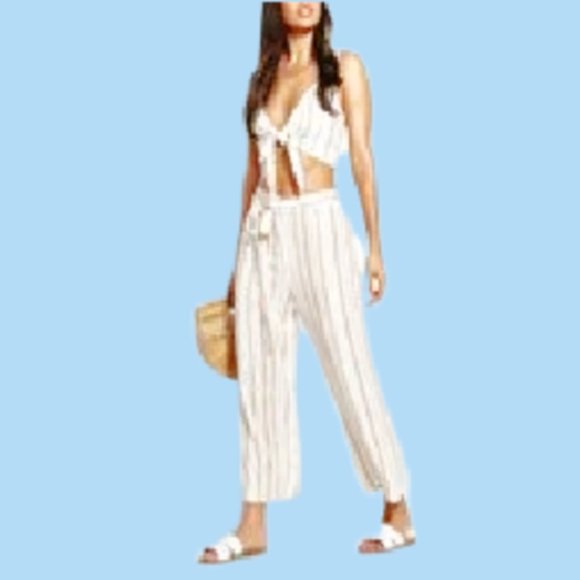 Beach Trouser Tan/Ivory Stripe Linen Look - Picture 2 of 4